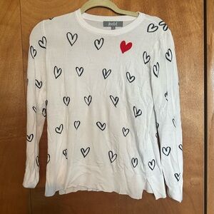 Marled White Sweater with Black and Red Heart Pattern
